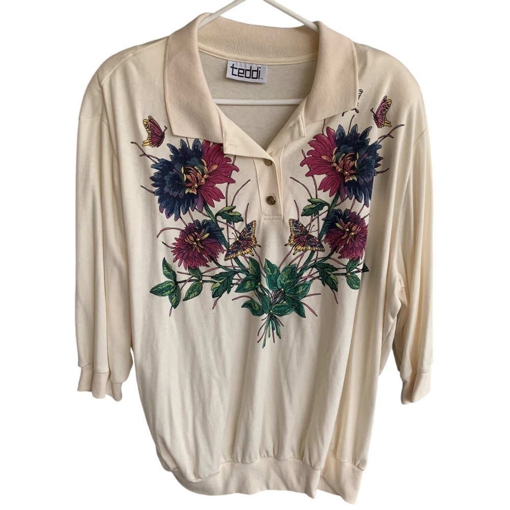 Teddi Cream Floral Top with Purple and Green Accents